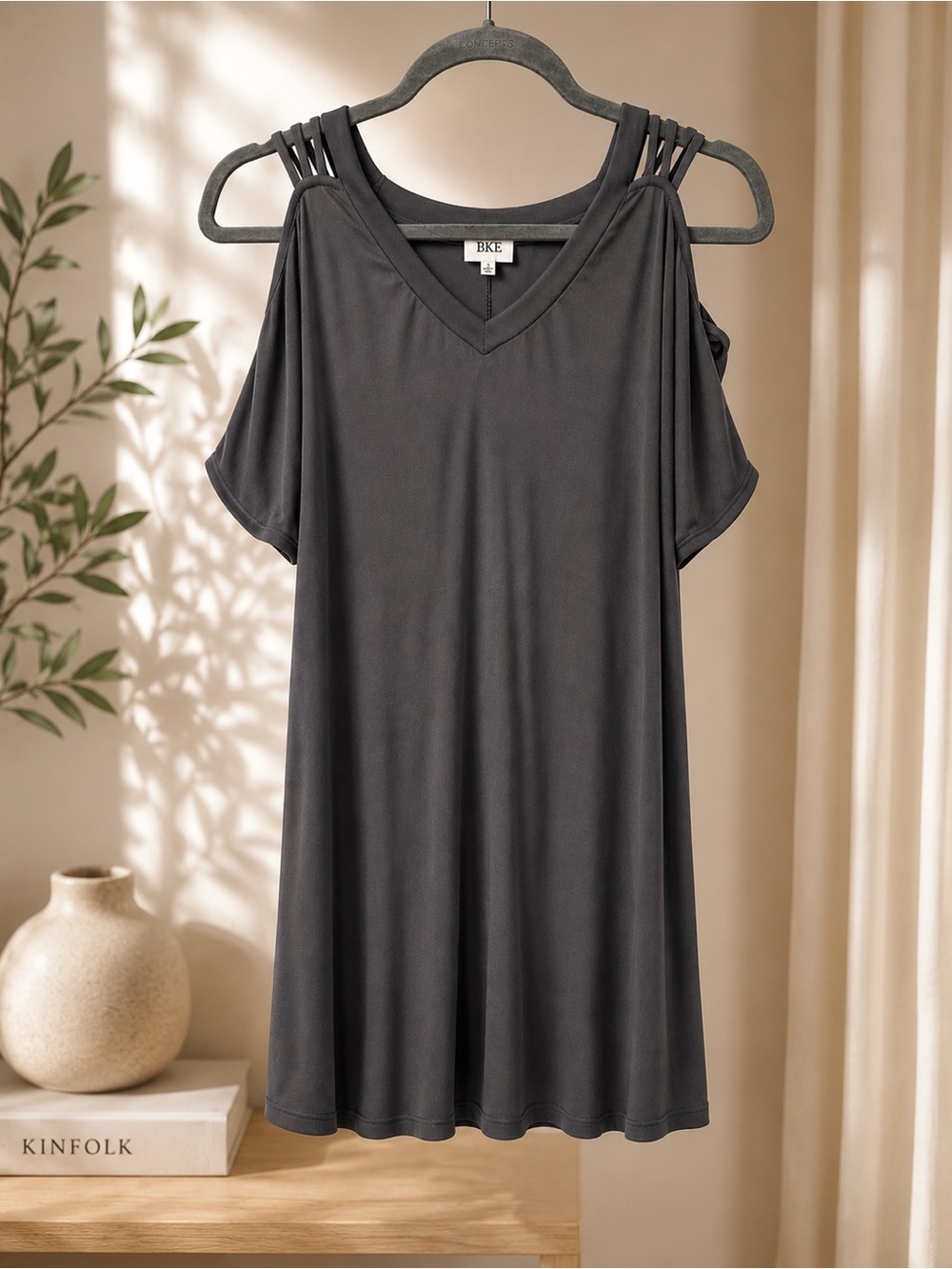 BKE Charcoal Cold-Shoulder V-Neck Tunic with Strappy Shoulders